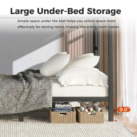 Heavy Duty Queen Over Queen Bunk Bed Frame Rock Solid Steel Sleep Stack For Adults And Teens Built Tough Loft Setup With Safe Ladder Plus Guardrails Silent Slats Zero Box Spring Needed Black with under-bed storage baskets.