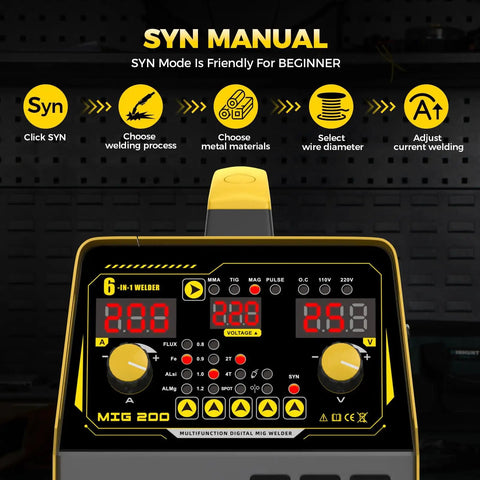 Syn control panel on dual voltage 200A MIG welder six in one multi process beast LED display with synergic mode instructions