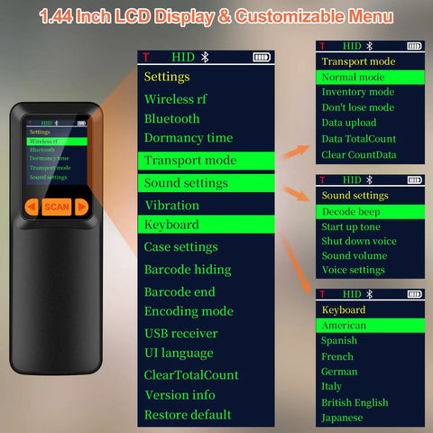 Pocket Sized Bluetooth Barcode Scanner That Reads 2D And 1D Barcodes With LCD Display And AI Voice Setting Keypad Wireless Handheld Reader For Smartphones Computers And POS No Fuss Plug And Play showing customizable menu options on screen.
