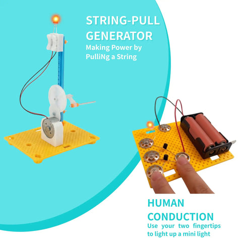 Hands On Electric Circuit Kit For Kids And Students 8 Experiments In 7 Sets With Series And Parallel Circuits Seawater Power Fruit Batteries Beginner Friendly Electrical Science Projects, string-pull generator and human conduction board