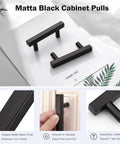 10 Pack Square Cabinet Pulls Two And A Half Inch Matte Black T Bar Dresser Drawer Pulls for kitchen cabinets, shown on installation sheet.