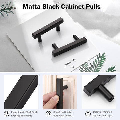 10 Pack Square Cabinet Pulls Two And A Half Inch Matte Black T Bar Dresser Drawer Pulls for kitchen cabinets, shown on installation sheet.