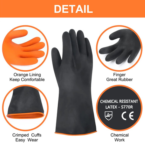 Kick Some Serious Grime With These Xl 14 Inch Latex Chemical Resistant Gloves Heavy Duty Rubber Kitchen Gear Waterproof Acid Alkali Oil Safe For Tackling Nasty Messes And Forearm Shielding - Black gloves with orange lining, showing comfortable grip and crimped cuff design.