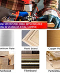 Five Piece Countersink Drill Bit Set For Metal With M2 Cobalt Bits, shown with drill in wood and material samples, for metalwork.