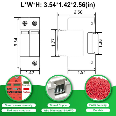 Technical diagram of Two Pole 40KA DC Surge Protector For Solar PV And Home Lightning Protection Heavy Duty 1000V Rating 2P Arrester