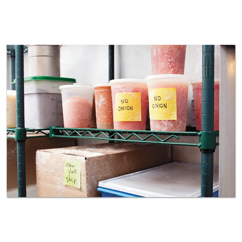 Extreme Adhesive Orange Sticky Notes 3x3 Inches For Rugged Jobsites on containers with 'No Onion' label in cold storage