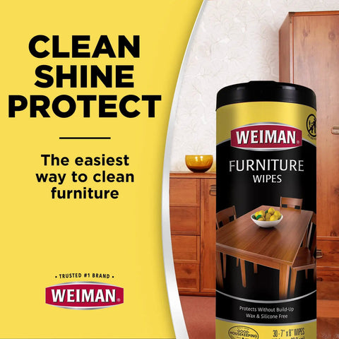 Clean Sweep Wood Polish And Cleaning Wipes For Furniture And Cabinets Lifts Off Everyday Grit in Weiman Furniture Wipes container.
