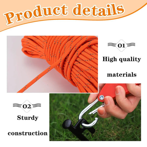 Two Pack High Strength Pulley Camping Ropes With Adjustable Windproof Ratchet Straps, close-up of orange rope and hook