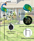 Metal Peacock Solar Garden Lights Stakes, Waterproof Path Lights for Outdoor Patio Lawn, LED glow, 38x14x2.5 inches display