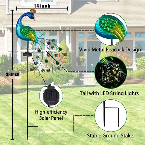 Metal Peacock Solar Garden Lights Stakes, Waterproof Path Lights for Outdoor Patio Lawn, LED glow, 38x14x2.5 inches display