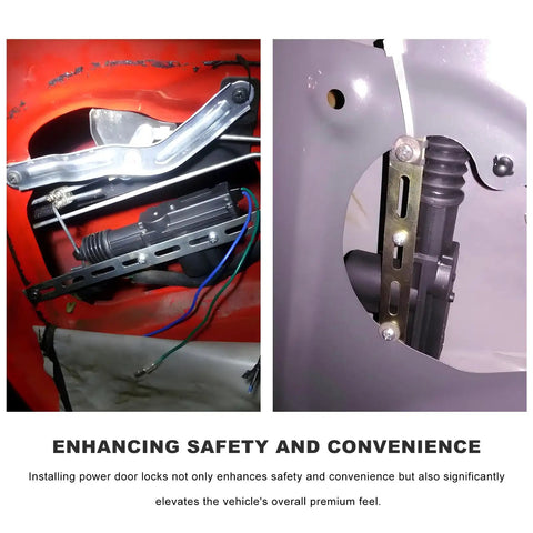 Installation of 2 Pack Car Power Door Lock Actuators 12V 2 Wire Central Locking System Kit in vehicle door frame.