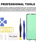 Complete professional tool kit for repairs including pry card, screwdriver, adhesive, and blue picks.