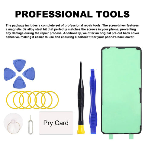Complete professional tool kit for repairs including pry card, screwdriver, adhesive, and blue picks.
