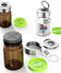 Sterile empty 5mL amber borosilicate vial with green pull-ring cap and aluminum lid, kit components