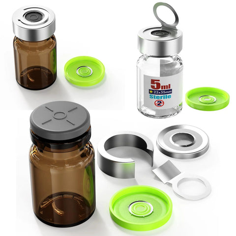Sterile empty 5mL amber borosilicate vial with green pull-ring cap and aluminum lid, kit components