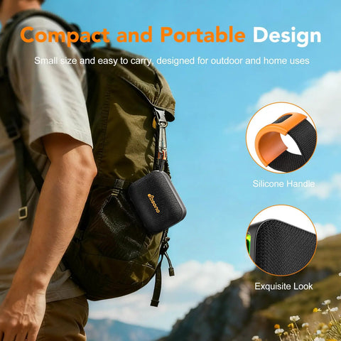 Waterproof Bluetooth Speaker IPX5 With Beast Bass And 24 Hour Playtime attached to backpack, showing silicone handle, black.