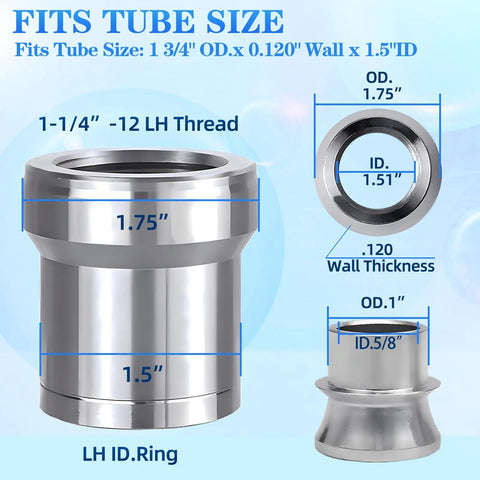 Slack Free 1.25 Inch Heim Joint Rod End Kit With Left And Right Hand Thread Spacers Tube Adapters Jam Nuts for 1.75in OD use.