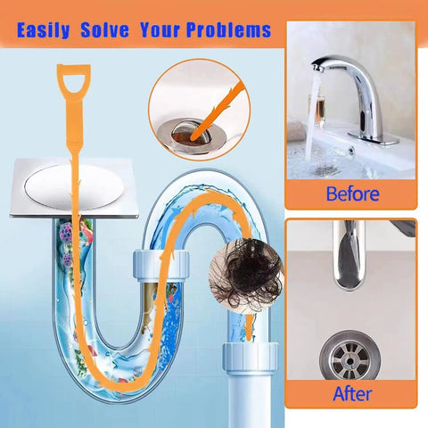 Graphic showing 6 Pack Hair Drain Clog Remover Tools Kit With Plastic Sticks And One Stainless Steel Cleaner in use on drains