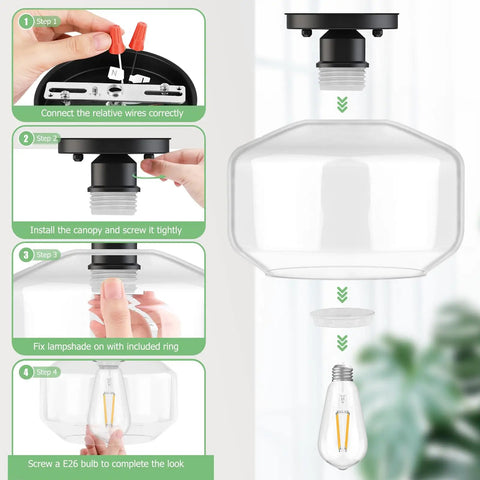 Installation steps for Dope Industrial Style Semi Flush Mount Ceiling Light 2 Pack with Clear Glass Shades and E26 bulb compatibility