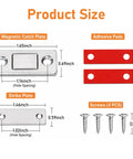 Diagram of Ultra Slim Magnetic Cabinet Door Catch Set Of 8 with measurements for adhesive pads, magnetic plate, strike plate, screws.