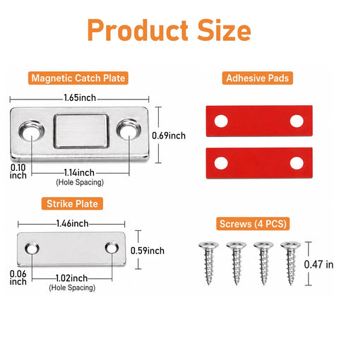 Diagram of Ultra Slim Magnetic Cabinet Door Catch Set Of 8 with measurements for adhesive pads, magnetic plate, strike plate, screws.