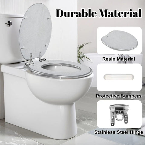 Elongated Retro backgrounds Toilet Seat with rustic resin design, stainless steel hinge, and cushioned bumpers.