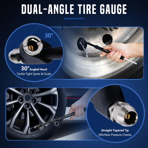 Two-pack heavy-duty dual-head tire pressure gauge with 30° angled head and straight-taper tip, 12 inch Amazon brand