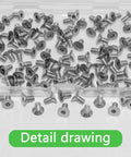 100 Pack M4x8mm 304 Stainless Steel Flat Head Socket Cap Screws With Full Thread shown in detailed view in plastic container.