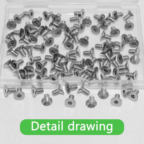100 Pack M4x8mm 304 Stainless Steel Flat Head Socket Cap Screws With Full Thread shown in detailed view in plastic container.
