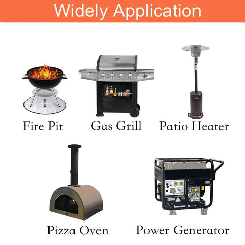 Image showing applications for the 35 Ft 1/2 Inch CSST Gas Line With Corrugated Stainless Steel Tubing And Rubber Jacket, 2 Male Fittings, For Natural Gas Or Propane, Pro Grade Durable Home Gas Hookup, Leak Tested, Easy Install with gas grill, fire pit, patio heater, pizza oven, and power generator.