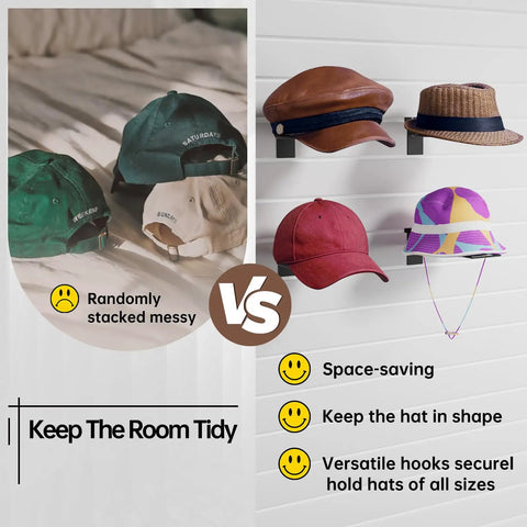 Slatwall Hat Holder With Metal Wire Display Rack For Slatwall Boards Hat Hook For Retail Or Home Organization; hats organized vs. messy