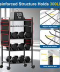 Five Tier Power Tool Organizer Cart With Wheels 300 Lb Capacity Heavy Duty Rolling Tool Rack And Storage Solution For Garage And Workshop Drill Holder Mess Free Organization Made Easy For Busy Pros showing reinforced steel structure and weights.