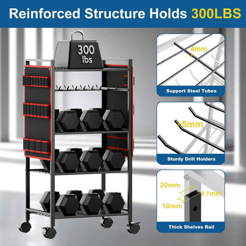 Five Tier Power Tool Organizer Cart With Wheels 300 Lb Capacity Heavy Duty Rolling Tool Rack And Storage Solution For Garage And Workshop Drill Holder Mess Free Organization Made Easy For Busy Pros showing reinforced steel structure and weights.