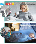 Woman drinking coffee indoors, image of a baby sleeping, and people in snow emphasizing 2 Pack Door Draft Stopper For Exterior And Interior Doors Self Adhesive Door Sweep And Weather Stripping Under Door Seal And Draft Blocker Soundproof Door Bottom Keeps Cold Out And Warm In Fits Gaps Up To 1 Inch 2 Inch Wide 39 Inch Long Black.
