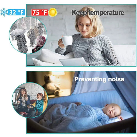 Woman drinking coffee indoors, image of a baby sleeping, and people in snow emphasizing 2 Pack Door Draft Stopper For Exterior And Interior Doors Self Adhesive Door Sweep And Weather Stripping Under Door Seal And Draft Blocker Soundproof Door Bottom Keeps Cold Out And Warm In Fits Gaps Up To 1 Inch 2 Inch Wide 39 Inch Long Black.