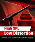 ECM999 Measurement Microphone For Room Calibration And Audio Testing Gear in a theater setting on a red chair.