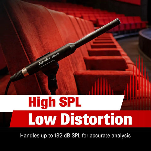 ECM999 Measurement Microphone For Room Calibration And Audio Testing Gear in a theater setting on a red chair.