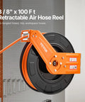 Retractable Air Hose Reel With 100 Foot Rubber Hose Three Eighths Inch 300 Psi Max Auto Rewind Five Foot Lead In wall mount