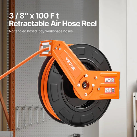 Retractable Air Hose Reel With 100 Foot Rubber Hose Three Eighths Inch 300 Psi Max Auto Rewind Five Foot Lead In wall mount