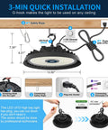 Installation guide for 260W LED High Bay Light UFO with US plug and tunable colors, showing steps to connect and hang.