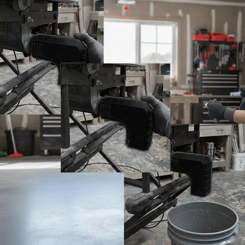 Top Shelf Table Saw Dust Collection Adapter With Dead Simple Snap On Hook Mount and Rock Solid Seal for Dwe7485 Saw in workshop setting.