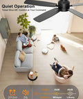Sleek 52 Inch Low Profile Ceiling Fan In Matte Black With Bright SMD LED Lights Riding On A Dead Silent Reversible DC Motor Controlled Easy By Smart App Or Hand Held Remote, shown in a living room. 