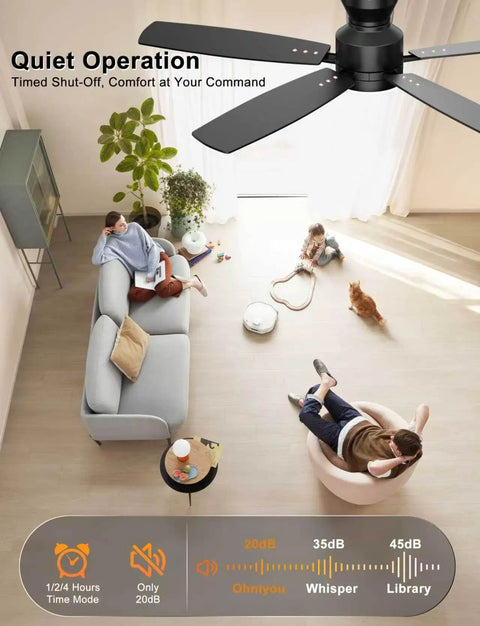 Sleek 52 Inch Low Profile Ceiling Fan In Matte Black With Bright SMD LED Lights Riding On A Dead Silent Reversible DC Motor Controlled Easy By Smart App Or Hand Held Remote, shown in a living room. 