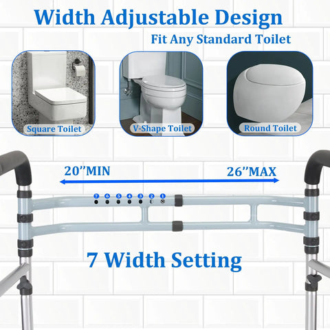 Wide adjustable design showing Heavy Duty Toilet Safety Rails For Seniors And Elderly Sturdy Aluminum Bathroom Handle Frame details.