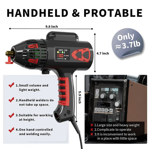 Handheld and portable 160A Dual Voltage Stick Welder for Home DIYers with measurements and features listed.