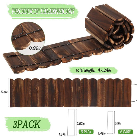 Flexible Garden Edging Kit Three Pack No Tools Required 11.8 Ft Length Wooden Border showing dimensions and rolled panels