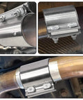 Beefy 2.75 Inch Exhaust Clamp Butt Joint Band Clamp Sleeve Coupler in 304 stainless steel on exhaust pipe