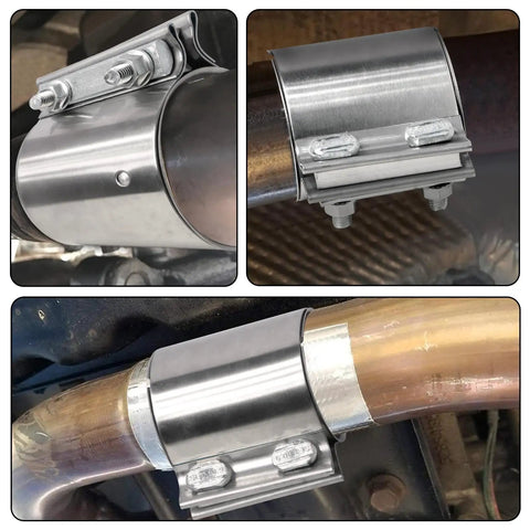 Beefy 2.75 Inch Exhaust Clamp Butt Joint Band Clamp Sleeve Coupler in 304 stainless steel on exhaust pipe