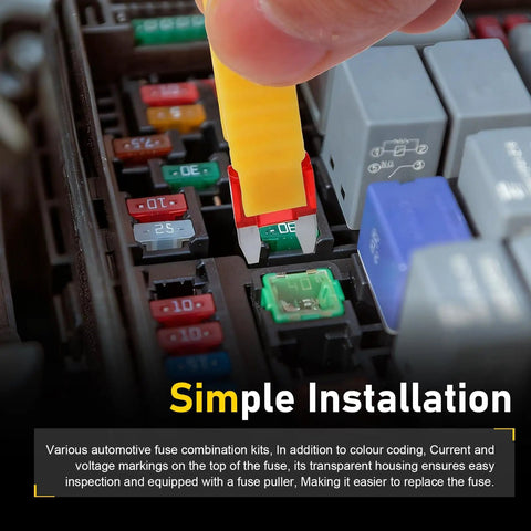 Hand using puller to install fuse in Must Have 120 Piece Car Fuse Kit With Quick Blow Mini Blade Fuses for various circuits