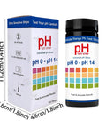 Product image of Easy Read pH Test Strips For Urine, Saliva, And Water 0 To 14 Universal Plastic Strips with packaging, showing size details.